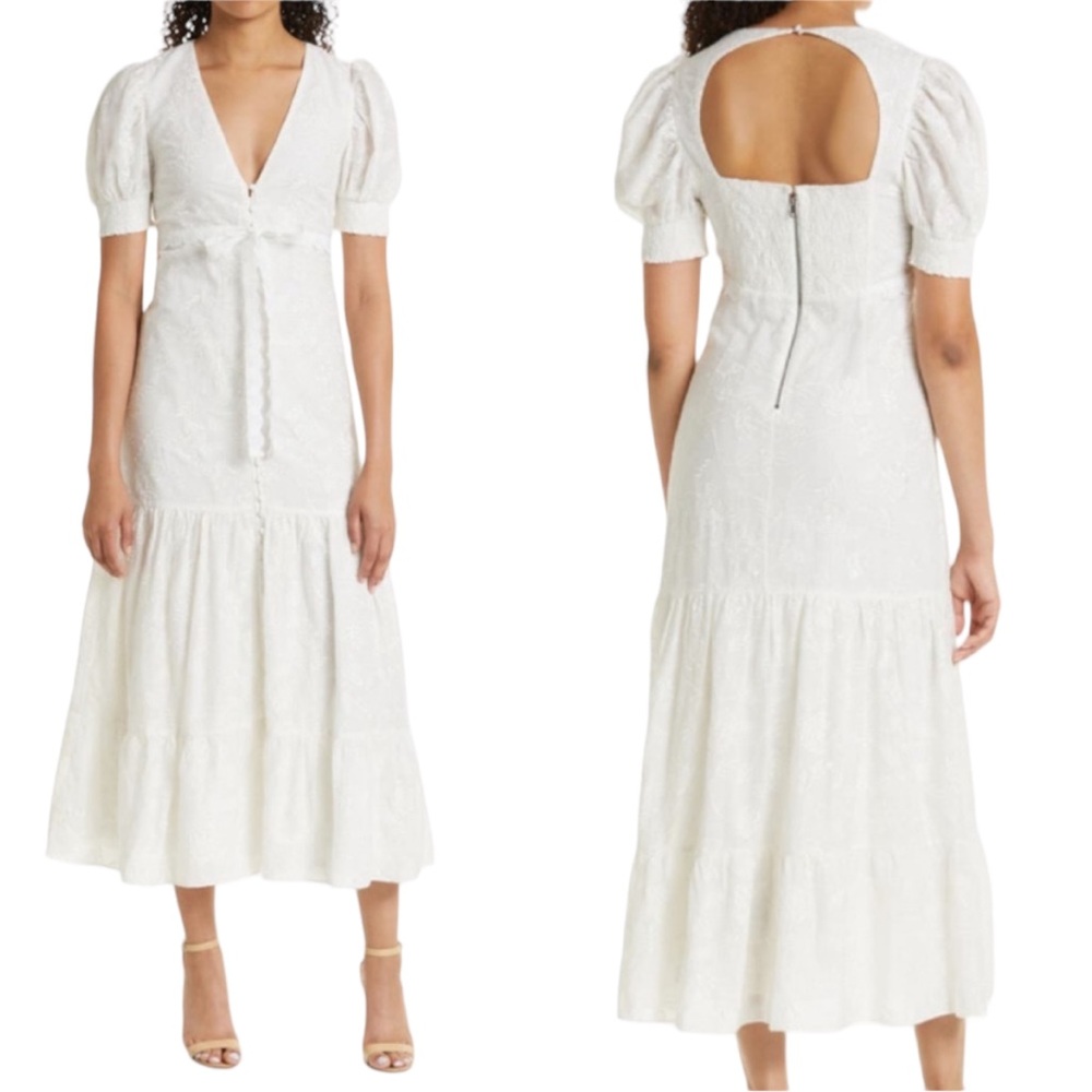 Alice +Olivia Stori Dress 8 Embroidery Cotton Button Front Midi Soft White Beach